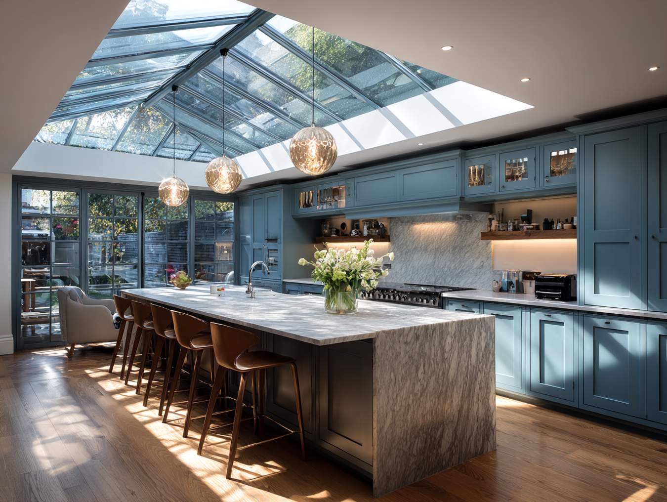 Blue navy kitchen with an island and skylight