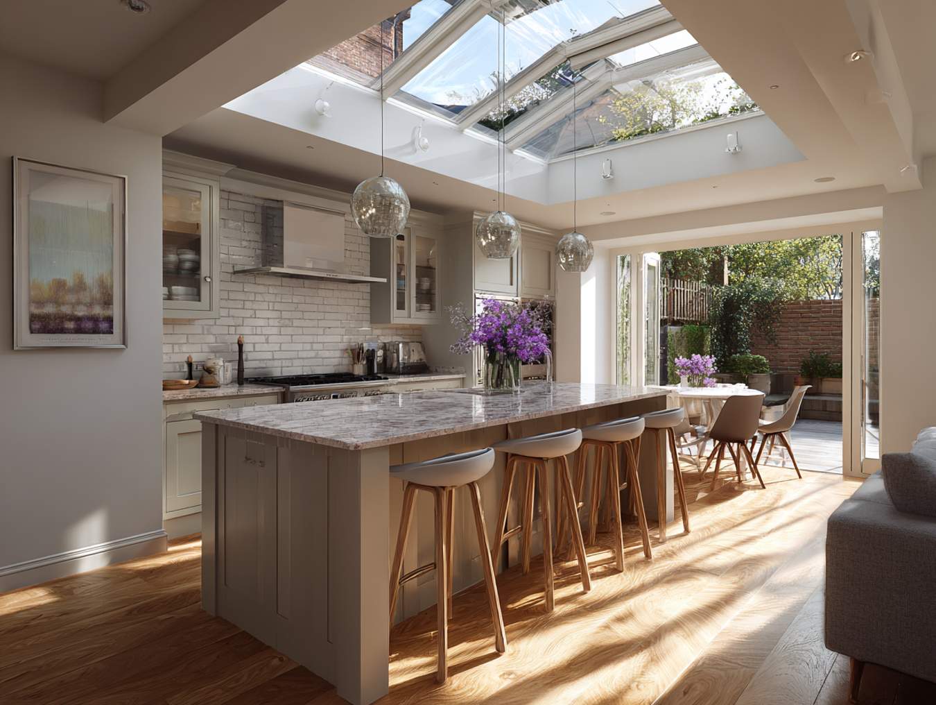 light white cream kitchen island with bar stools