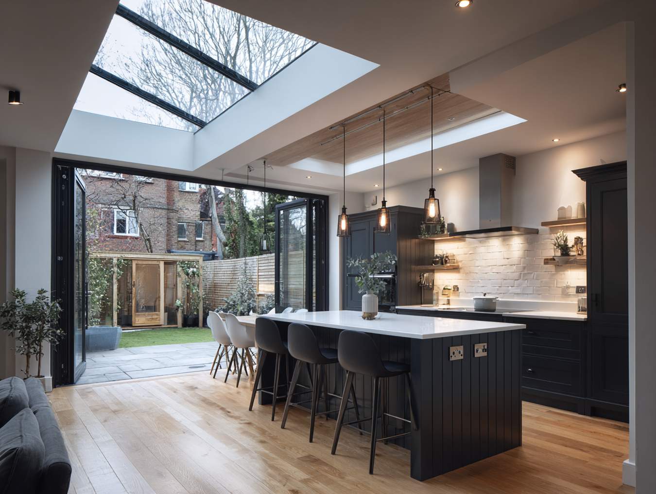 modern open plan concept dining room and bifold doors