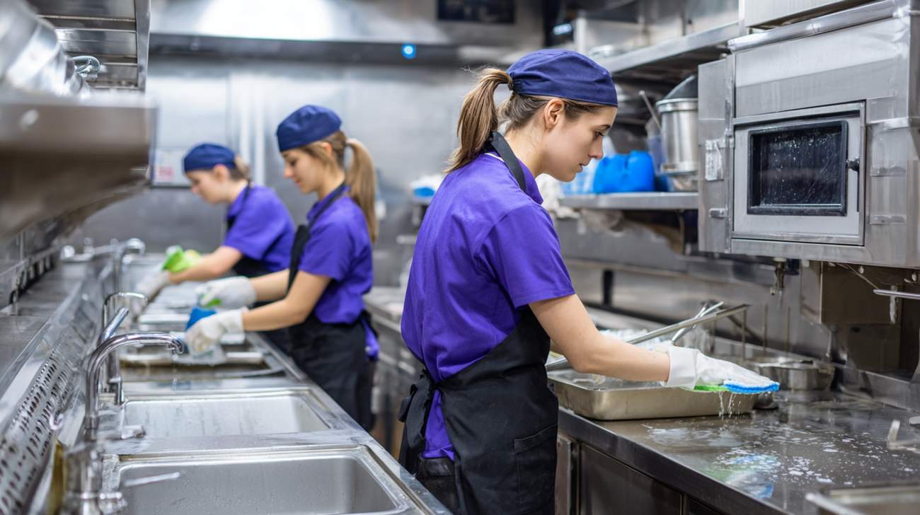 Ladies working in a large commercial kitchen