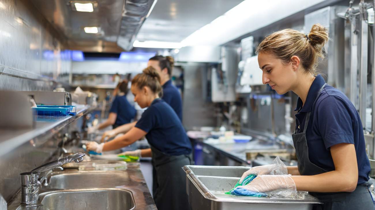 ladies are cleaning a kitchen