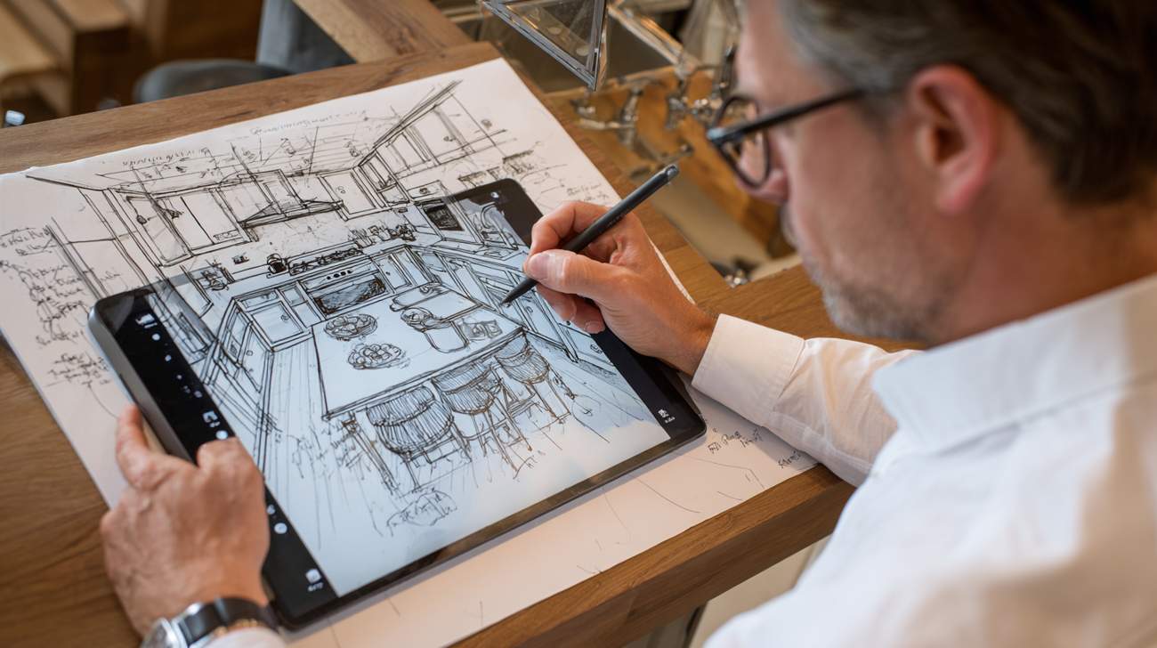 man holding a sketch plan on a tablet